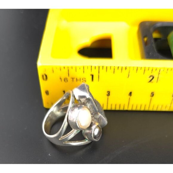 Vintage Brutalist 925 Silver Ring Black Druzy Quartz & Pearls Size 6-3/4 to 7 - Picture 15 of 16